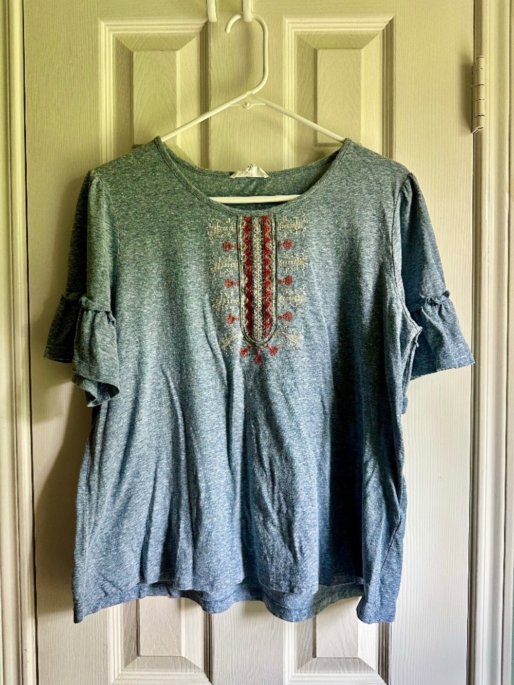 THML Light Blue Embroidered Short Sleeve Top Women's Medium Ruffle Sleeves Boho
